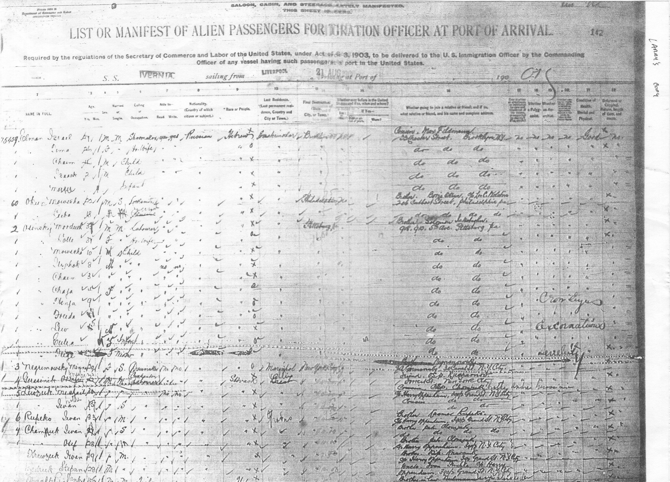 Ship's Manifest-SS Ivernia arriving Boston, MA 30 Aug 1906